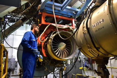 A worker tests a jet engine at Honeywell in Phoenix, Arizona.